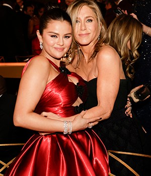 Selena Gomez and Jennifer Aniston at the 81st Annual Golden Globe Awards, airing live from the Beverly Hilton in Beverly Hills, California on Sunday, January 7, 2024, at 8 PM ET/5 PM PT, on CBS and streaming on Paramount+. Photo: Francis Specker/CBS ©2024 CBS Broadcasting, Inc. All Rights Reserved.