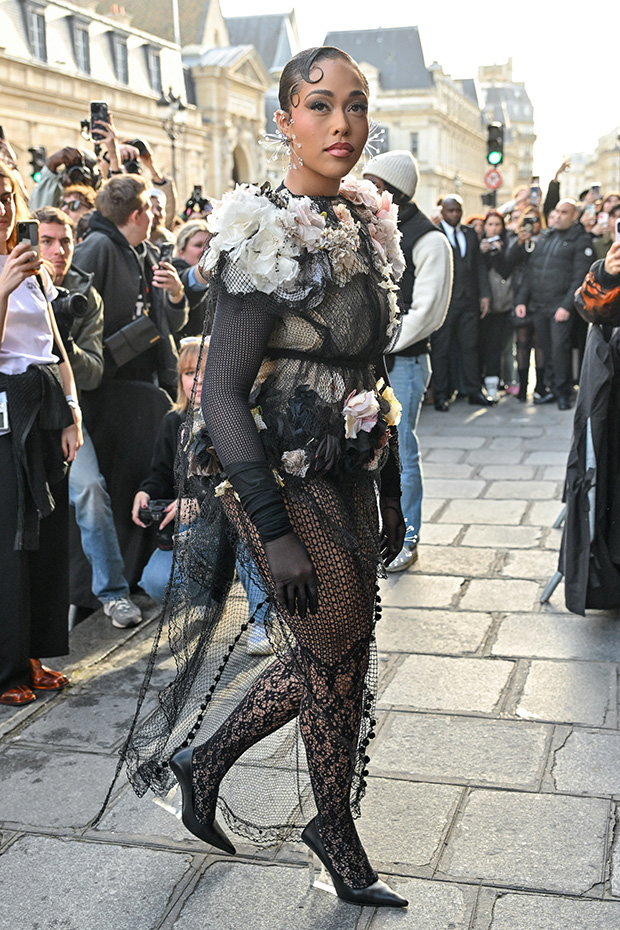 Jordyn Woods Wears Sheer Outfit With Flowers To Paris Fashion Week ...