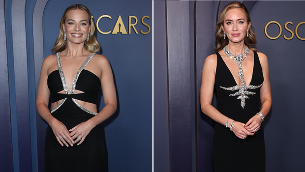 Margot Robbie & Emily Blunt Match in Almost Identical Black & Silver Dresses at the Governors Awards