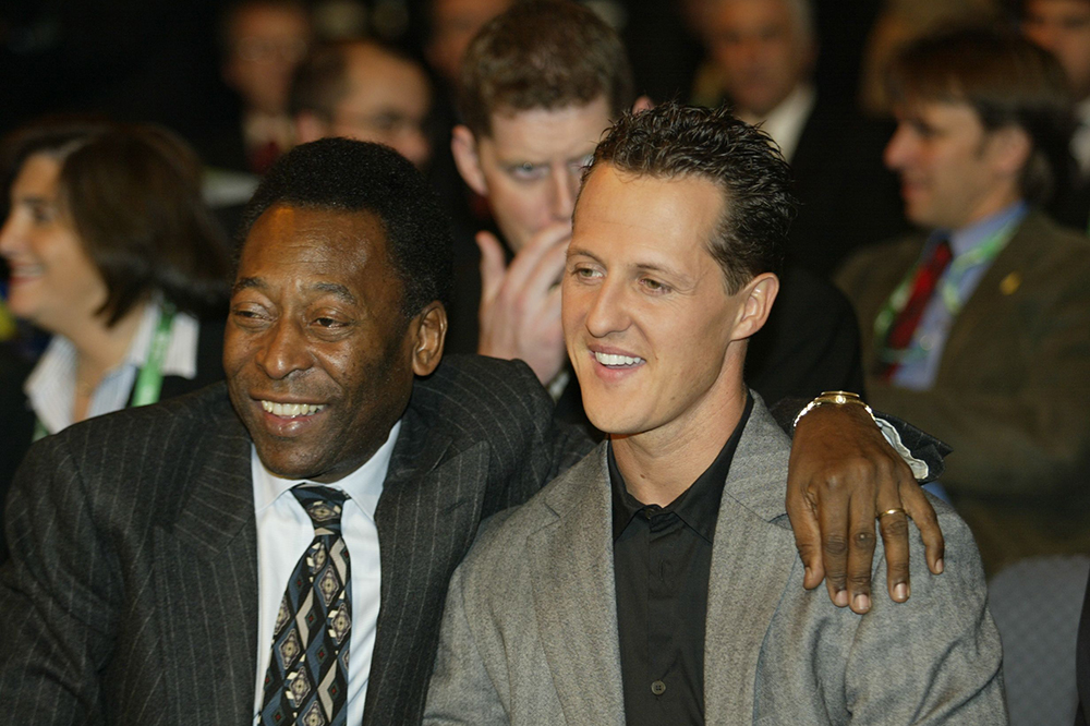 Former Brazilian soccer legend Pele and German Formula one world champion Michael Schumacher joke in Frankfurt, Germany on December 5, 2003 at the start of the soccer World Cup 2003 preliminary draw ceremony.
Pele (Files), Frankfurt, Germany - 05 Dec 2003