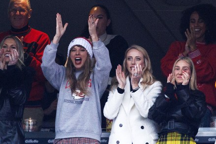 Singer Taylor Swift (C-L) and Brittany Mahomes (C-R) celebrate a touchdown by Kansas City Chiefs during the first half of the NFL game between the New England Patriots and the Kansas City Chiefs in Foxborough, Massachusetts, USA, 17 December 2023.
NFL - Kansas City Chiefs at New England Patriots, Foxborough, USA - 17 Dec 2023