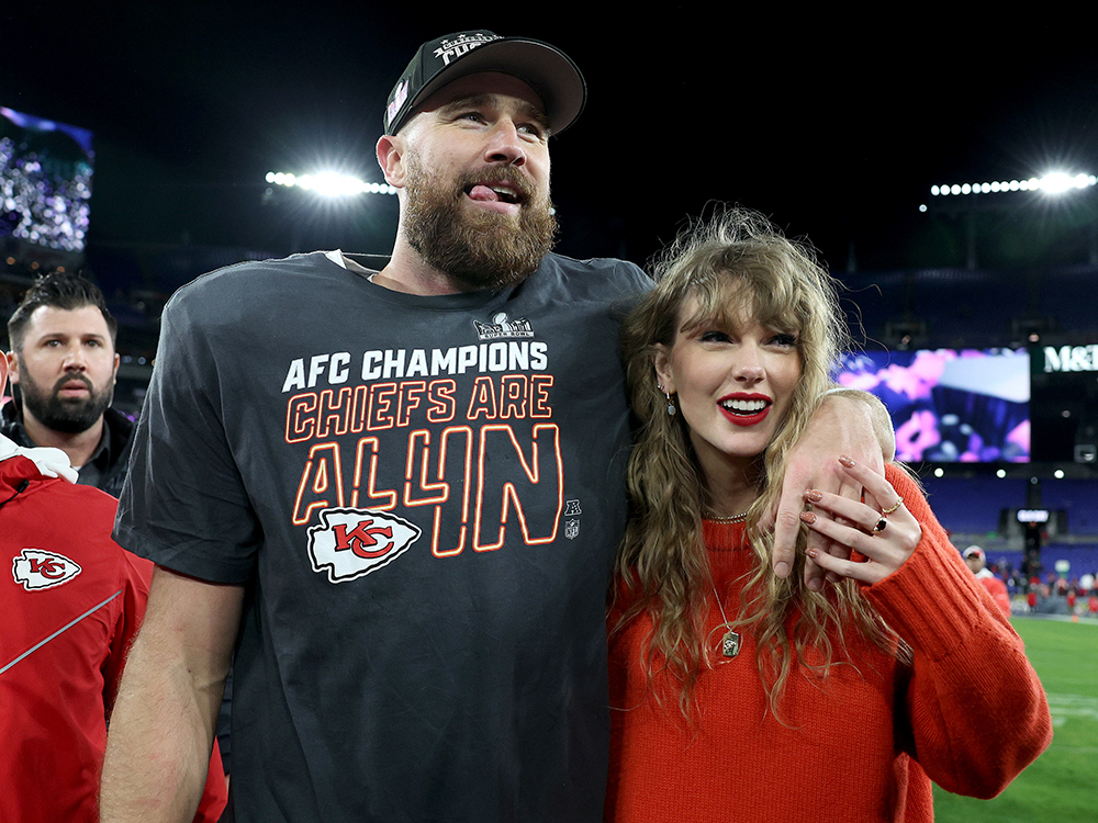 BALTIMORE, MARYLAND - JANUARY 28: Travis Kelce #87 of the Kansas City Chiefs celebrates with Taylor Swift after a 17-10 victory over the Baltimore Ravens in the championship game of the AFC Game at M&T Bank Stadium on January 28, 2024 in Baltimore, Maryland. (Photo by Patrick Smith/Getty Images)