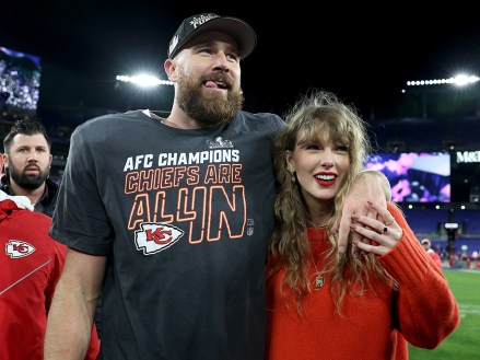 BALTIMORE, MARYLAND - JANUARY 28: Travis Kelce #87 of the Kansas City Chiefs celebrates with Taylor Swift after a 17-10 win against the Baltimore Ravens in the AFC Championship Game at M&T Bank Stadium on January 28, 2024 in Baltimore, Maryland.  (Photo by Patrick Smith/Getty Images)