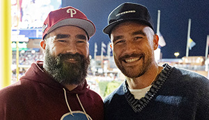 PHILADELPHIA, PA - OCTOBER 16:  Jason and Travis Kelce pose for a photo during Game 1 of the NLCS between the Arizona Diamondbacks and the Philadelphia Phillies at Citizens Bank Park on Monday, October 16, 2023 in Philadelphia, Pennsylvania. (Photo by Gabriella Ricciardi/MLB Photos via Getty Images)