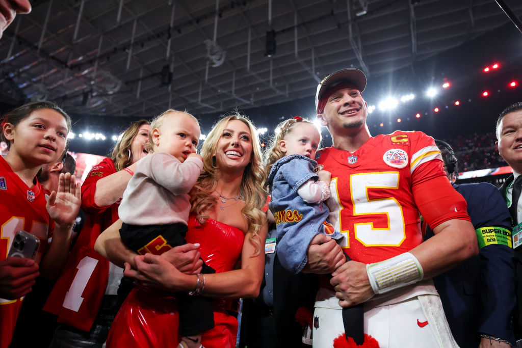  Patrick Mahomes #15 of the Kansas City Chiefs celebrates with his family after Super Bowl LVIII against the San Francisco 49ers at Allegiant Stadium on February 11, 2024 in Las Vegas, NV. (Photo by Perry Knotts/Getty Images)