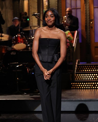 SATURDAY NIGHT LIVE -- Episode 1855 -- Pictured: Host Ayo Edebiri during the Monologue on Saturday, February 3, 2024 -- (Photo by: Will Heath/NBC)