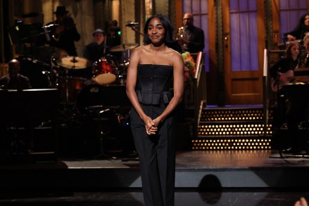 SATURDAY NIGHT LIVE -- Episode 1855 -- Pictured: Host Ayo Edebiri during the Monologue on Saturday, February 3, 2024 -- (Photo by: Will Heath/NBC)