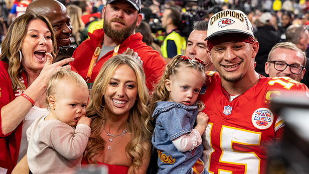 Brittany and Patrick Mahomes at the 2024 Super Bowl with their kids