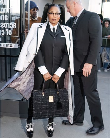 NEW YORK, NEW YORK - FEBRUARY 14: Singer/actress Janet Jackson is seen arriving to the Thom Browne fashion show during New York Fashion Week at The Shed on February 14, 2024 in New York City. (Photo by Gilbert Carrasquillo/GC Images)