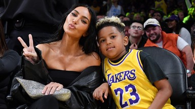 Kim Kardashian and Saint West at a Lakers game