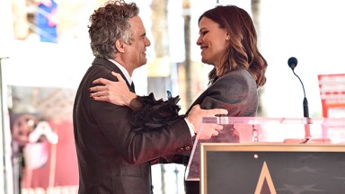 Mark Ruffalo and Jennifer Garner hugging at his 2024 Walk of Fame Ceremony in Hollywood