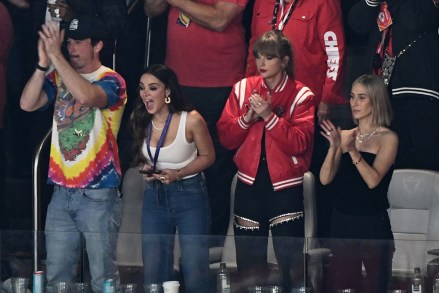 US singer-songwriter Taylor Swift (2nd R) and Ashley Avignone (R) attend Super Bowl LVIII between the Kansas City Chiefs and the San Francisco 49ers at Allegiant Stadium in Las Vegas, Nevada, February 11, 2024. (Photo by Patrick T. Fallon / AFP) (Photo by PATRICK T. FALLON/AFP via Getty Images)