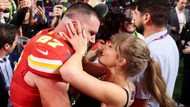 Travis Kelce and Taylor Swift kissing at Super Bowl LVIII