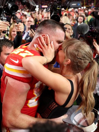 LAS VEGAS, NEVADA - FEBRUARY 11: Travis Kelce #87 of the Kansas City Chiefs hugs Taylor Swift after defeating the San Francisco 49ers 2 in the Super Bowl LVIII at Allegiant Stadium on February 11, 2024 in Las Vegas, Nevada (Photo by Ezra Shaw/Getty Images)
