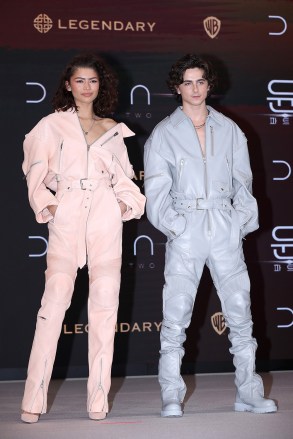 SEOUL, SOUTH KOREA - FEBRUARY 21: Actors Zendaya and Timothee Chalamet attend the "Dune: Part Two" press conference on February 21, 2024 in Seoul, South Korea. (Photo by Han Myung-Gu/WireImage)
