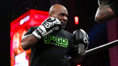 Texas , United States - 12 November 2024; Mike Tyson during an open workout session, held at Toyota Music Factory in Irving, Texas, USA, ahead of his heavyweight bout with Jake Paul, on November 15th at AT&T Stadium in Arlington Texas. (Photo By Stephen McCarthy/Sportsfile via Getty Images)