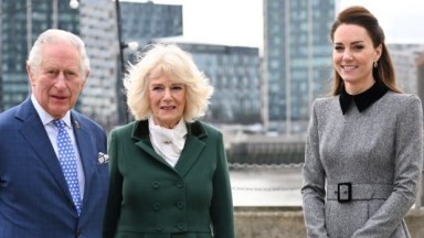 King Charles, Prince of Wales, Camilla, Duchess of Cornwall and Catherine, Duchess of Cambridge arrive for their visit to The Prince's Foundation