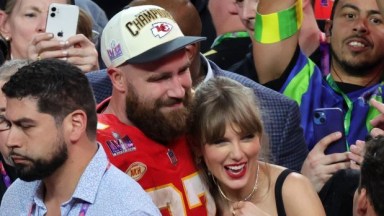 Travis Kelce and Taylor Swift during Super Bowl LVIII