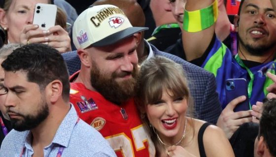 Travis Kelce and Taylor Swift during Super Bowl LVIII