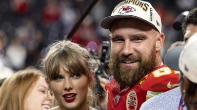 Taylor Swift and Travis Kelce during the NFL Super Bowl 58 football game
