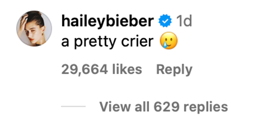Comentario de Instagram de Hailey Bieber