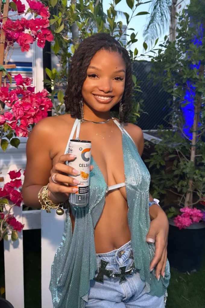 Halle Wearing a Blue Cut-Out Top