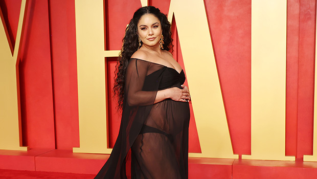 Vanessa Hudgens Cradles Baby Bump in a Stylish Brown Dress: See Photo