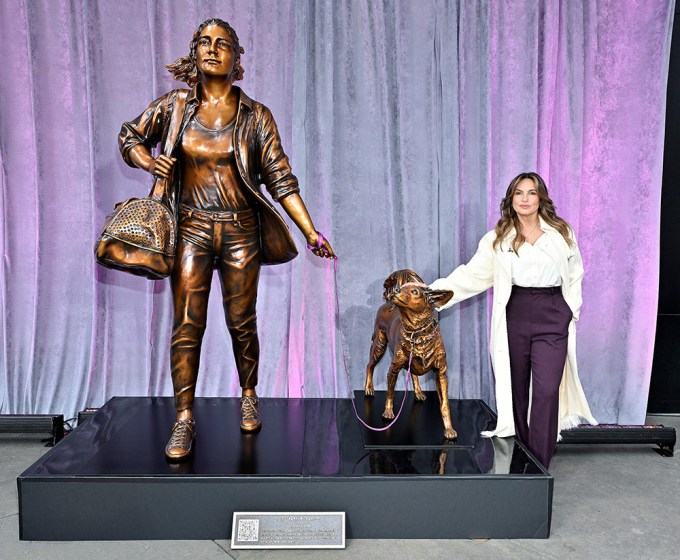 **EXCLUSIVE** Photo Credit: MOVI Inc. Date: 05/05/2024Mariska Hargitay helped Purina unveil “Courageous Together,” a new statue by Kristen Visbal in NYC in support of the Purple Leash Project to highlight the need for more pet-friendly domestic viol