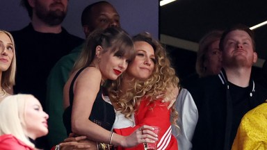 Taylor Swift hugging Blake Lively at a Chiefs game