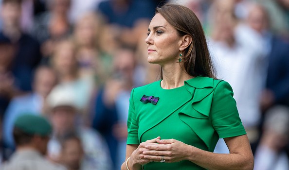 LONDON, ENGLAND - JULY 16.  Catherine, Princess of Wales, at the trophy presentation ceremony after the Gentlemen's Singles Final match on Centre Court during the Wimbledon Lawn Tennis Championships at the All England Lawn Tennis and Croquet Club at Wimbledon on July 16, 2023, in London, England. (Photo by Tim Clayton/Corbis via Getty Images)