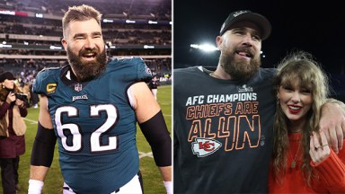 Jason Kelce at one of his games, Travis Kelce and Taylor Swift at game.