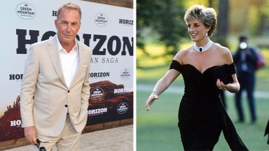 Kevin Costner posing at event and Princess Diana in a dress