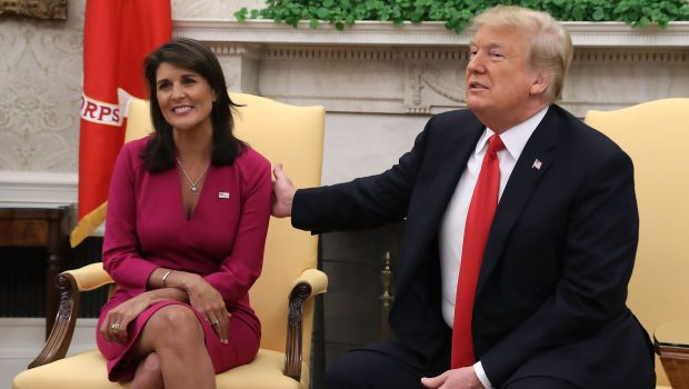 WASHINGTON, DC - OCTOBER 09:  U.S. President Donald Trump announces that he has accepted the resignation of Nikki Haley as US Ambassador to the United Nations, in the Oval Office on October 9, 2018 in Washington, DC. President Trump said that Haley will leave her post by the end of the year.  (Photo by Mark Wilson/Getty Images)