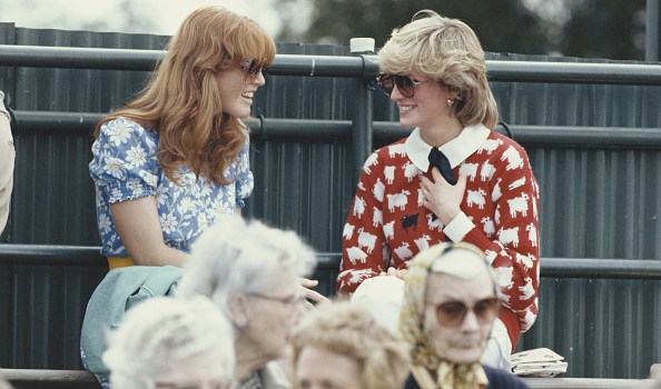 Diana, Princess of Wales (1961 - 1997) with Sarah Ferguson at the Guard's Polo Club, Windsor, June 1983. The Princess is wearing a jumper with a sheep motif from the London shop, Warm And Wonderful.  (Photo by Georges De Keerle/Getty Images)