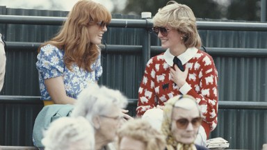 Diana, Princess of Wales (1961 - 1997) with Sarah Ferguson at the Guard's Polo Club, Windsor, June 1983. The Princess is wearing a jumper with a sheep motif from the London shop, Warm And Wonderful.  (Photo by Georges De Keerle/Getty Images)