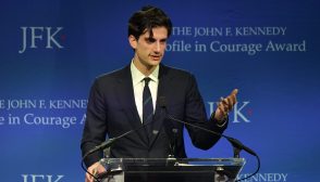 BOSTON, MA - MAY 19:  Jack Schlossberg introduces Speaker Nancy Pelosi who received the 2019 Profile in Courage Award at The John F. Kennedy Presidential Library And Museum on May 19, 2019 in Boston, Massachusetts.  (Photo by Paul Marotta/Getty Images)