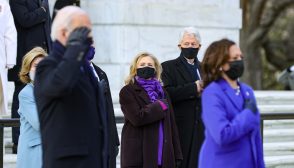ARLINGTON, VA - JANUARY 20:   U.S. President Joe Biden and Vice President Kamala Harris attend a wreath-laying ceremony at Arlington National Cemetery's Tomb of the Unknown Soldier after the 59th Presidential Inauguration ceremony at the U.S. Capitol, as former U.S. President George W. Bush and Laura Bush, and former U.S. President Bill Clinton and former Secretary of State Hillary Clinton look on,  January 20, 2021  in Arlington, Virginia. During today's inauguration ceremony Joe Biden becomes the 46th president of the United States.   (Photo by Chip Somodevilla/Getty Images)
