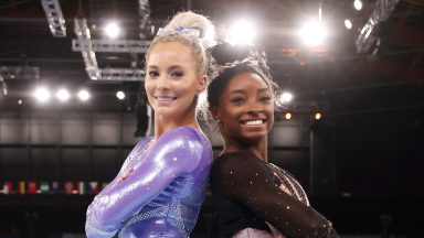 MyKayla Skinner and Simone Biles pose for a picture during Women's Podium Training