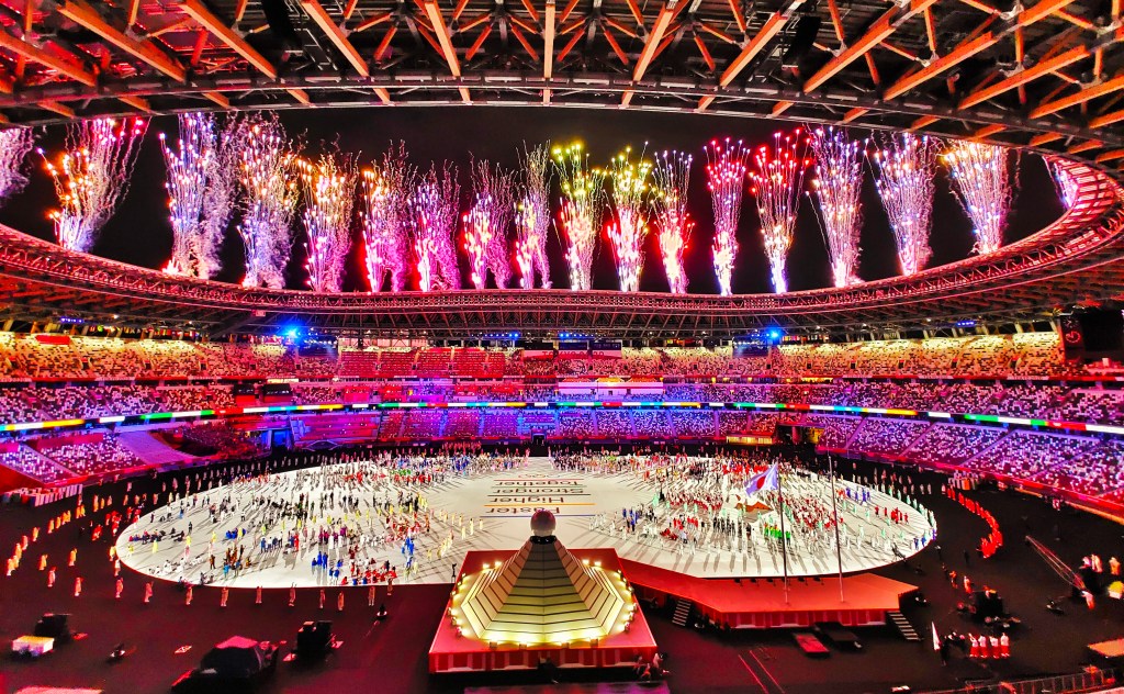 TOKYO, JAPAN - JULY 23: Fireworks explode during the Opening Ceremony of the Tokyo 2020 Olympic Games at Olympic Stadium on July 23, 2021 in Tokyo, Japan. (Photo by Bai Yu/CHINASPORTS/VCG via Getty Images)