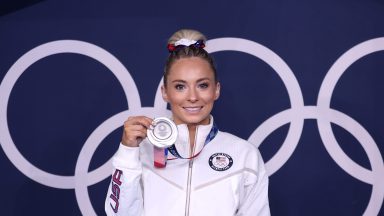 TOKYO, JAPAN - AUGUST 01: Mykayla Skinner of Team United States poses with the silver medal following the Women's Vault Final on day nine of the Tokyo 2020 Olympic Games at Ariake Gymnastics Centre on August 01, 2021 in Tokyo, Japan. (Photo by Jamie Squire/Getty Images)