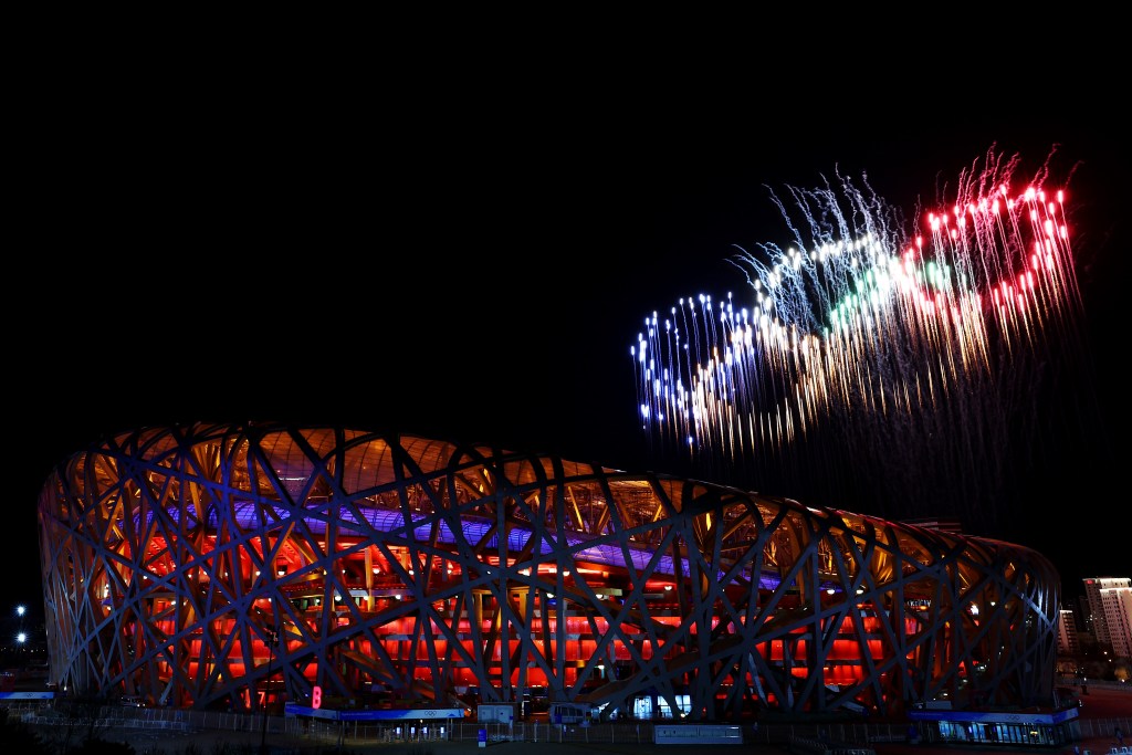 BEIJING, CHINA - FEBRUARY 04: General View as a firework display is seen above the stadium during the Opening Ceremony of the Beijing 2022 Winter Olympics at the Beijing National Stadium on February 04, 2022 in Beijing, China. (Photo by Clive Rose/Getty Images)