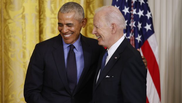 WASHINGTON, DC - APRIL 05: Former President Barack Obama (L) and U.S. President Joe Biden shake hands during an event to mark the 2010 passage of the Affordable Care Act in the East Room of the White House on April 05, 2022 in Washington, DC. With then-Vice President Joe Biden by his side, Obama signed 'Obamacare' into law on March 23, 2010.  (Photo by Chip Somodevilla/Getty Images)