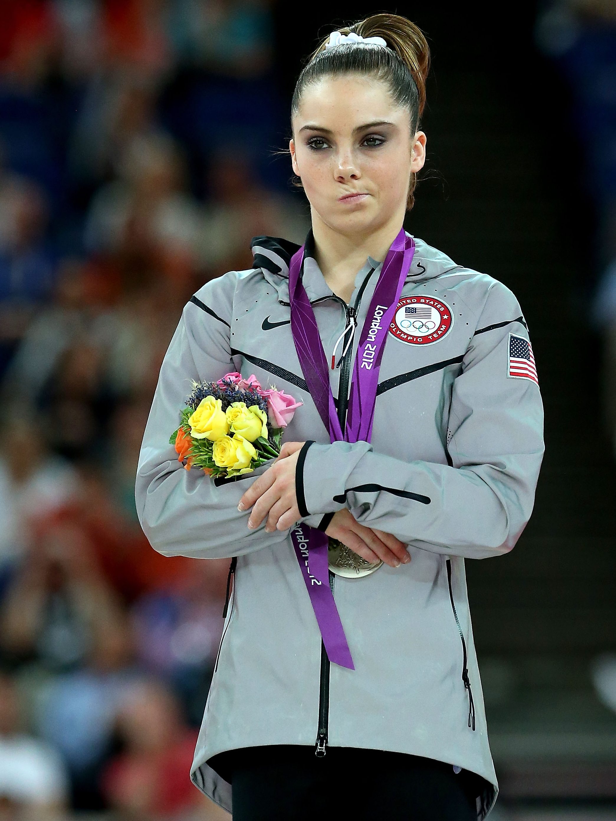 LONDON, ENGLAND - AUGUST 05:  Mc Kayla Maroney of the United States stands on the podium with her silver medal during the medal ceremony following the Artistic Gymnastics Women's Vault final on Day 9 of the London 2012 Olympic Games at North Greenwich Arena on August 5, 2012 in London, England.  (Photo by Ronald Martinez/Getty Images)