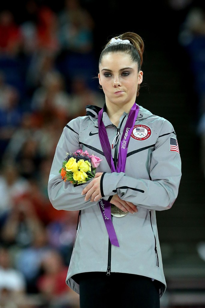 LONDON, ENGLAND - AUGUST 05: Mc Kayla Maroney of the United States stands on the podium with her silver medal during the medal ceremony following the Artistic Gymnastics Women's Vault final on Day 9 of the London 2012 Olympic Games at North Greenwich Arena on August 5, 2012 in London, England. (Photo by Ronald Martinez/Getty Images)