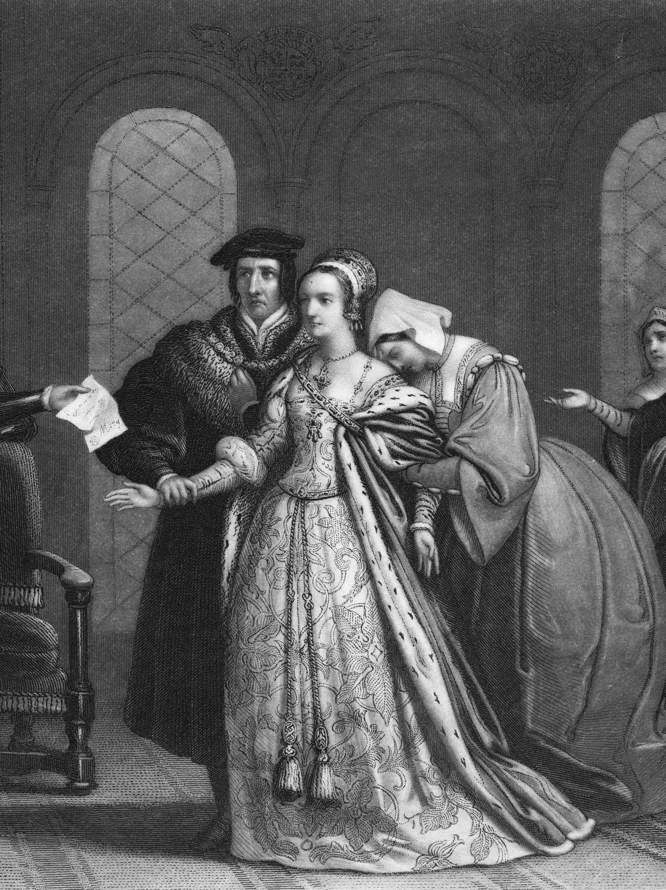 English noblewoman Lady Jane Grey (c 1537 - 1554, centre) is arrested on the orders of Queen Mary I, London, 1553. She was charged with high treason and executed by beheading at the Tower of London on 12th February 1554. Engraving by John Sartain after Achille Deveria. (Photo by Kean Collection/Archive Photos/Getty Images)