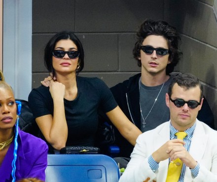 NEW YORK, NEW YORK - SEPTEMBER 10:  Kylie Jenner and Timothée Chalamet are seen at the Final game with Novak Djokovic vs. Daniil Medvedev at the 2023 US Open Tennis Championships on September 10, 2023 in New York City. (Photo by Gotham/GC Images)