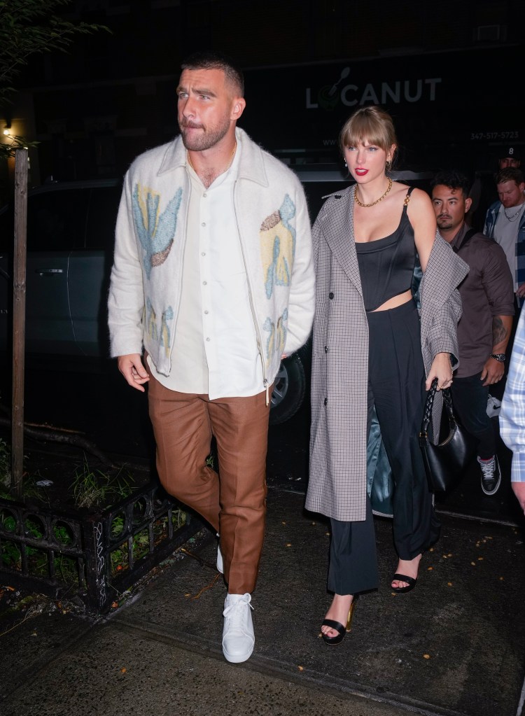 NEW YORK, NEW YORK - OCTOBER 15: Travis Kelce and Taylor Swift arrive at SNL Afterparty on October 15, 2023 in New York City. (Photo by Gotham/GC Images)