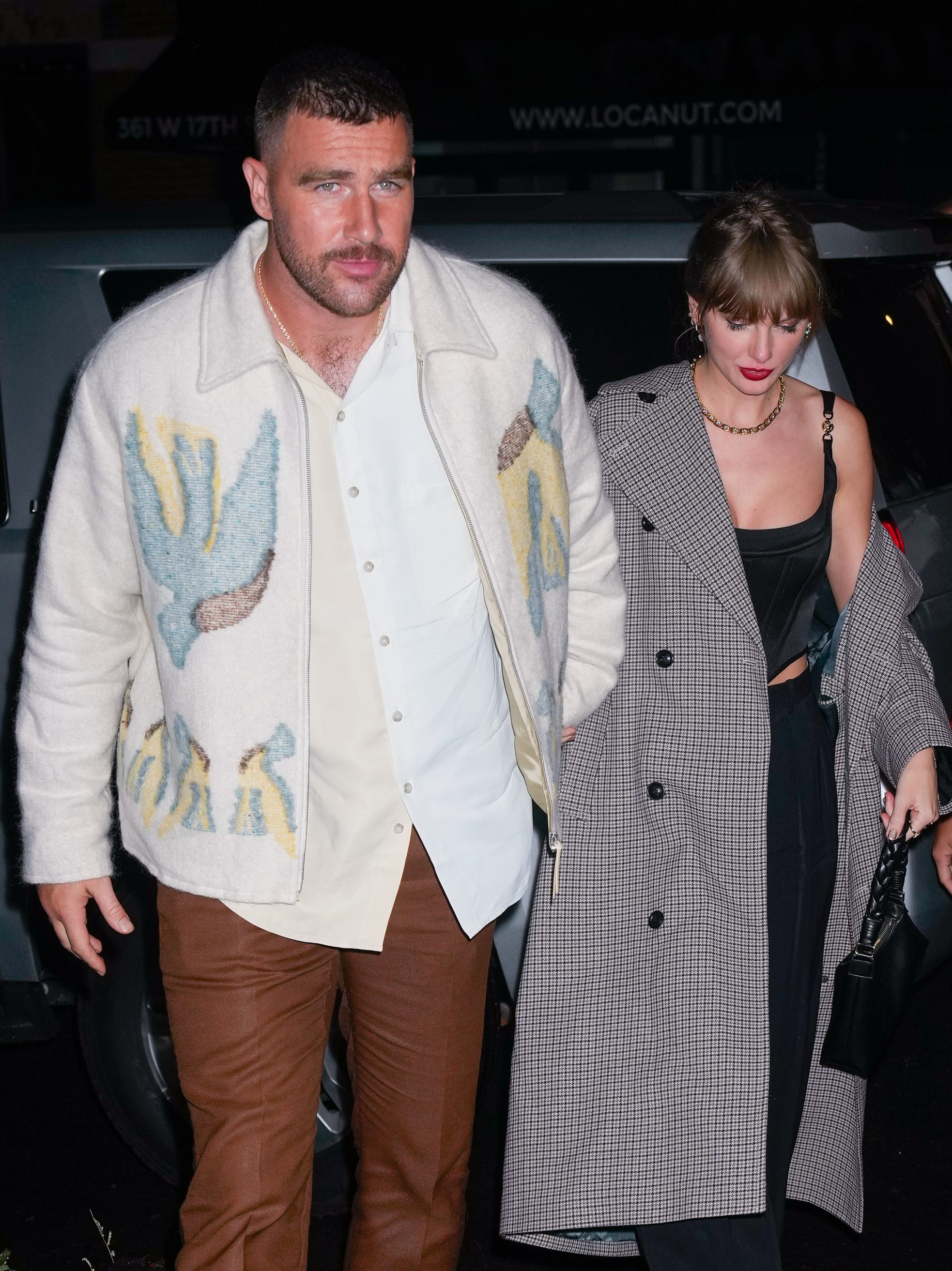 NEW YORK, NEW YORK - OCTOBER 15: Travis Kelce and Taylor Swift arrive at SNL Afterparty on October 15, 2023 in New York City. (Photo by Gotham/GC Images)