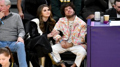 LOS ANGELES, CALIFORNIA - JANUARY 03: Selena Gomez and Benny Blanco attend a basketball game between the Los Angeles Lakers and the Miami Heat at Crypto.com Arena on January 03, 2024 in Los Angeles, California. NOTE TO USER: User expressly acknowledges and agrees that, by downloading and or using this photograph, User is consenting to the terms and conditions of the Getty Images License Agreement. (Photo by Allen Berezovsky/Getty Images)