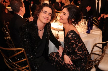Timothée Chalamet and Kylie Jenner at the 81st Golden Globe Awards held at the Beverly Hilton Hotel on January 7, 2024 in Beverly Hills, California. (Photo by Christopher Polk/Golden Globes 2024/Golden Globes 2024 via Getty Images)